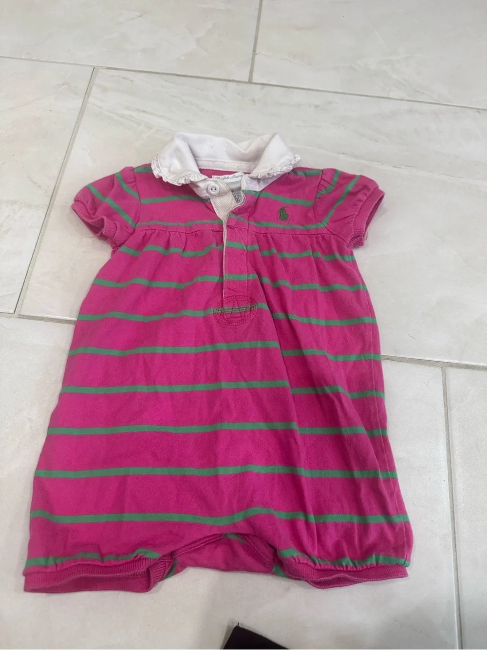 Ralph Lauren White-Collar Pink & Green Striped Polo Romper